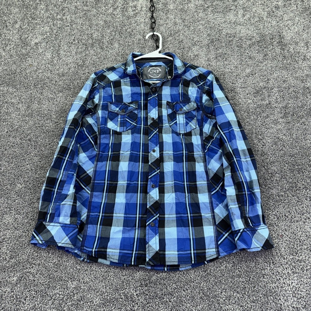 BKE Shirt Boys XL 18-20 Blue Plaid Long Sleeve Snap Button Up Casual Top